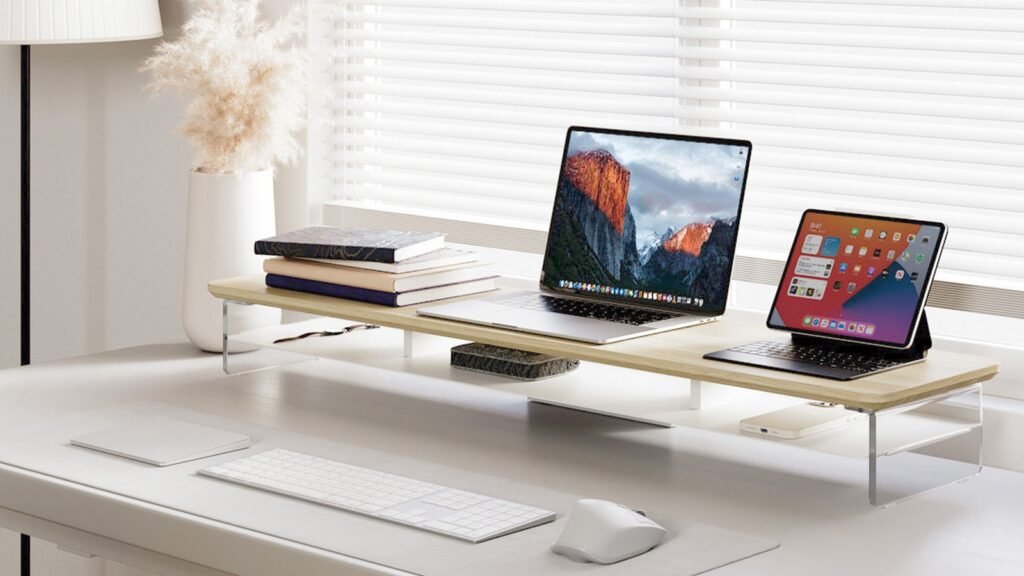 Fenge Acrylic Dual Monitor Stand Riser clears your desk of clutter